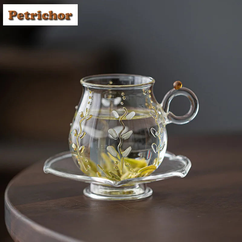 Wisteria Flower Glass Coffee Mug With Plate Teaware Set