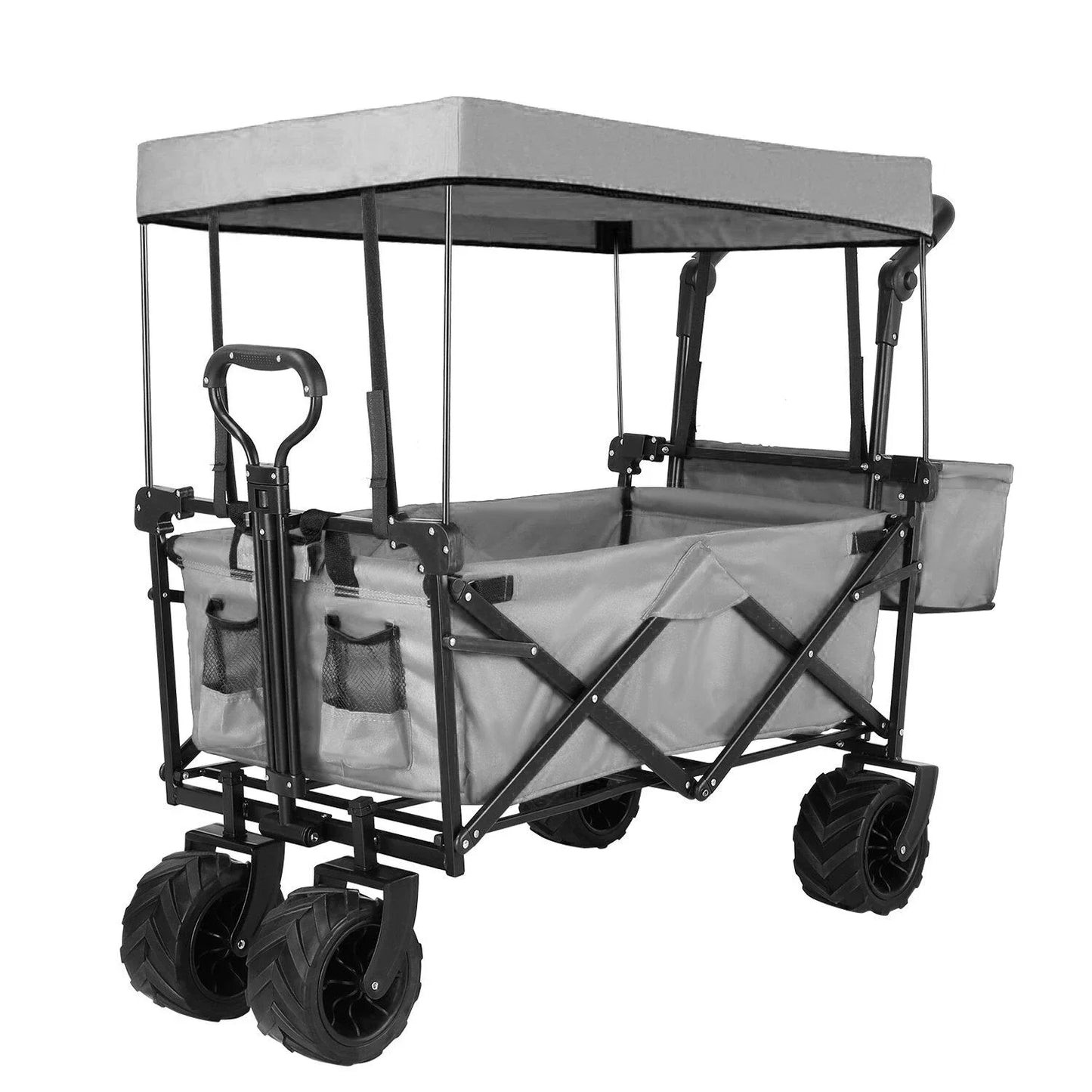 262L Collapsible Garden Cart Wagon with Removable Canopy, 115kg Capacity Push& Pull Utility Cart 600D Oxfort, Off-road wheel