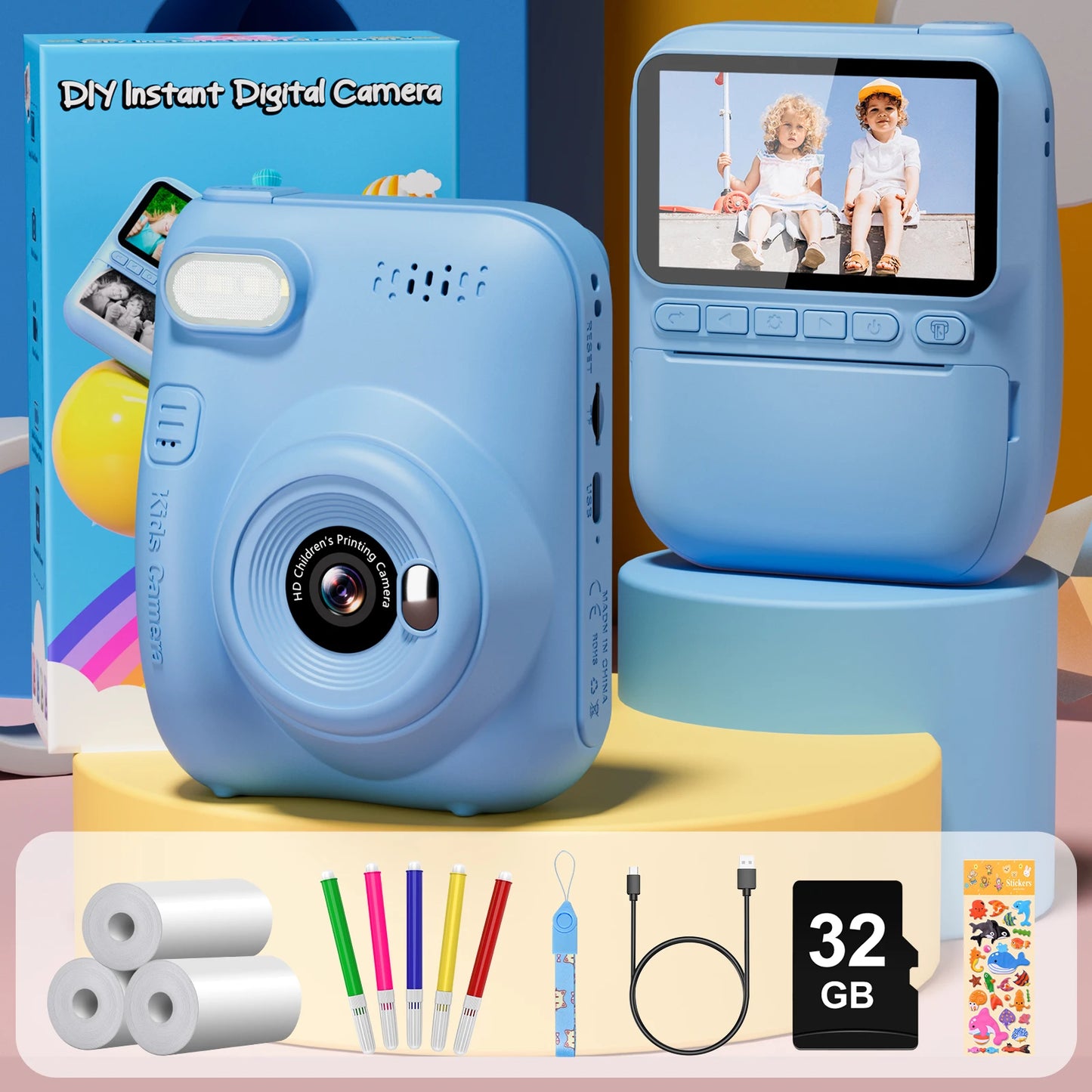 Gofunly Kids Instant Print Camera 3.0" Mini Digital Camera 1080P Portable Video Recorder Gift For 6-12 Years Children