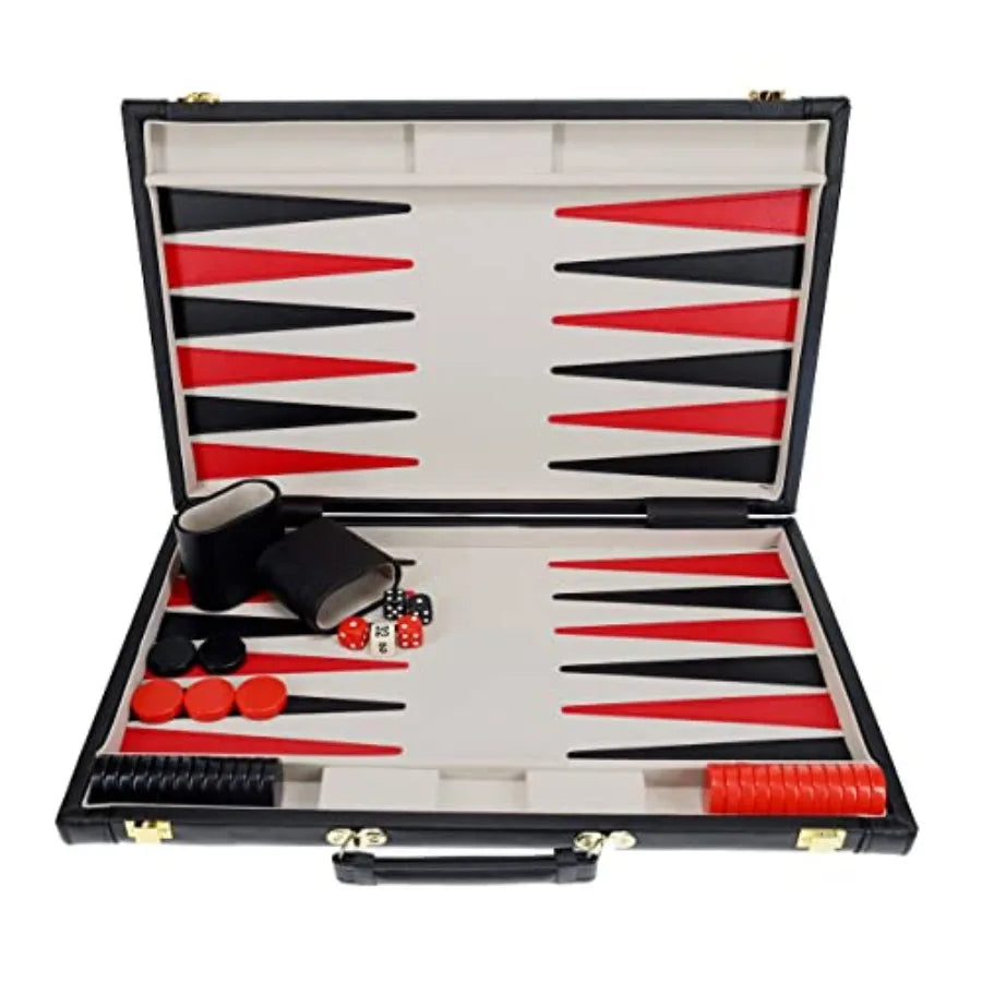 Backgammon Set with Elegant Black Leatherette Case 21 x 12.5 in. Closed; 25 x 21 in. Open Ideal for Family Game Nights Adult Bo