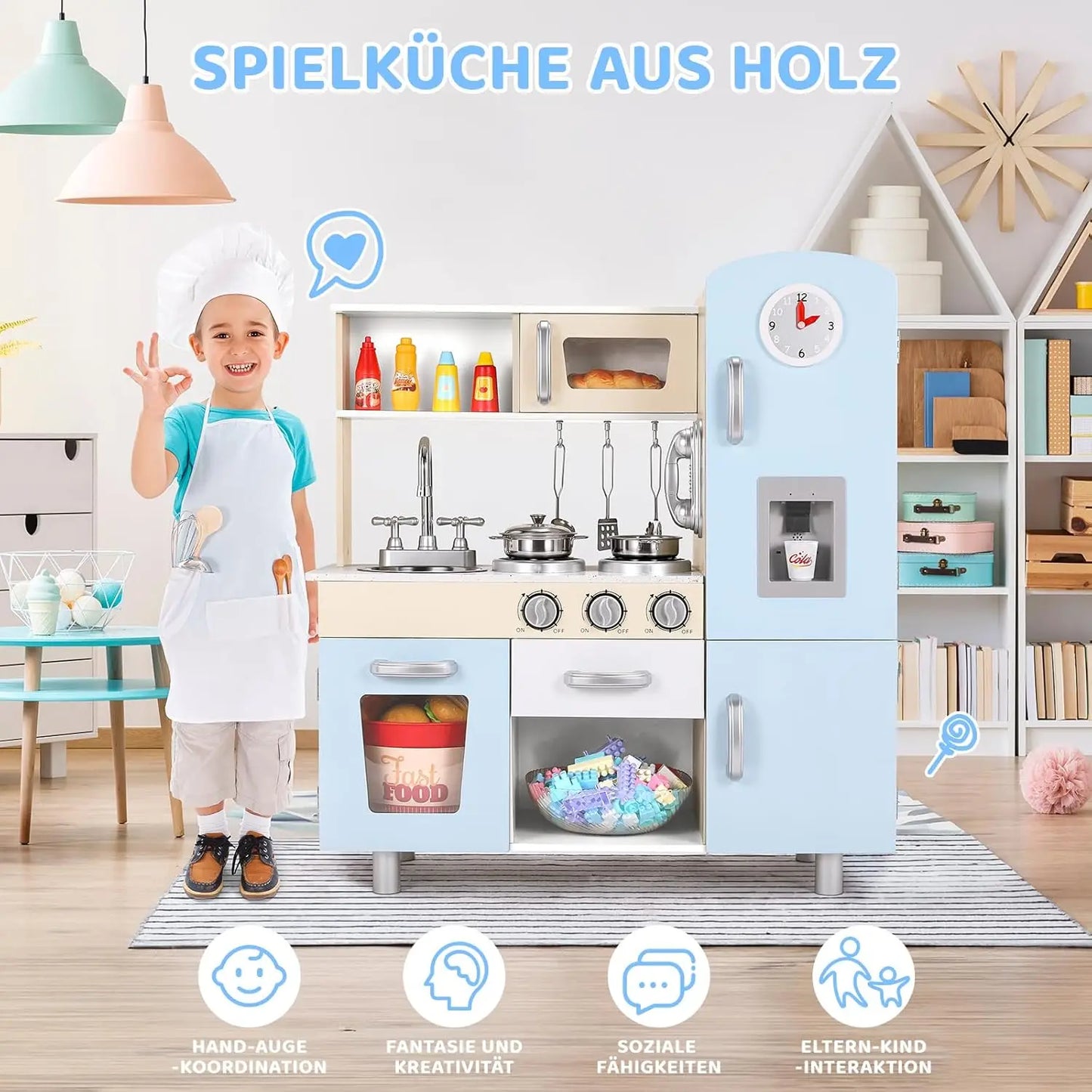 Wooden Kids Pretend Kitchen Playset With Cabinets Lights