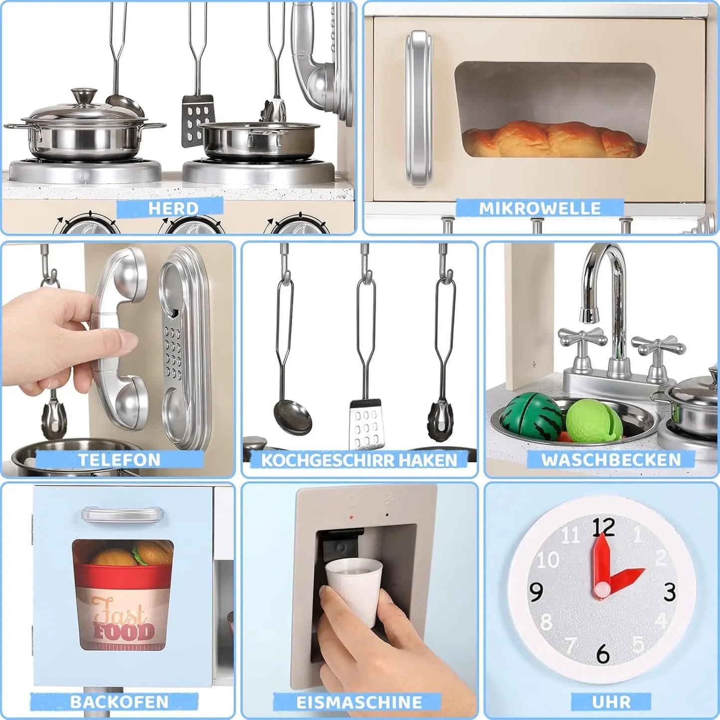 Wooden Kids Pretend Kitchen Playset With Cabinets Lights