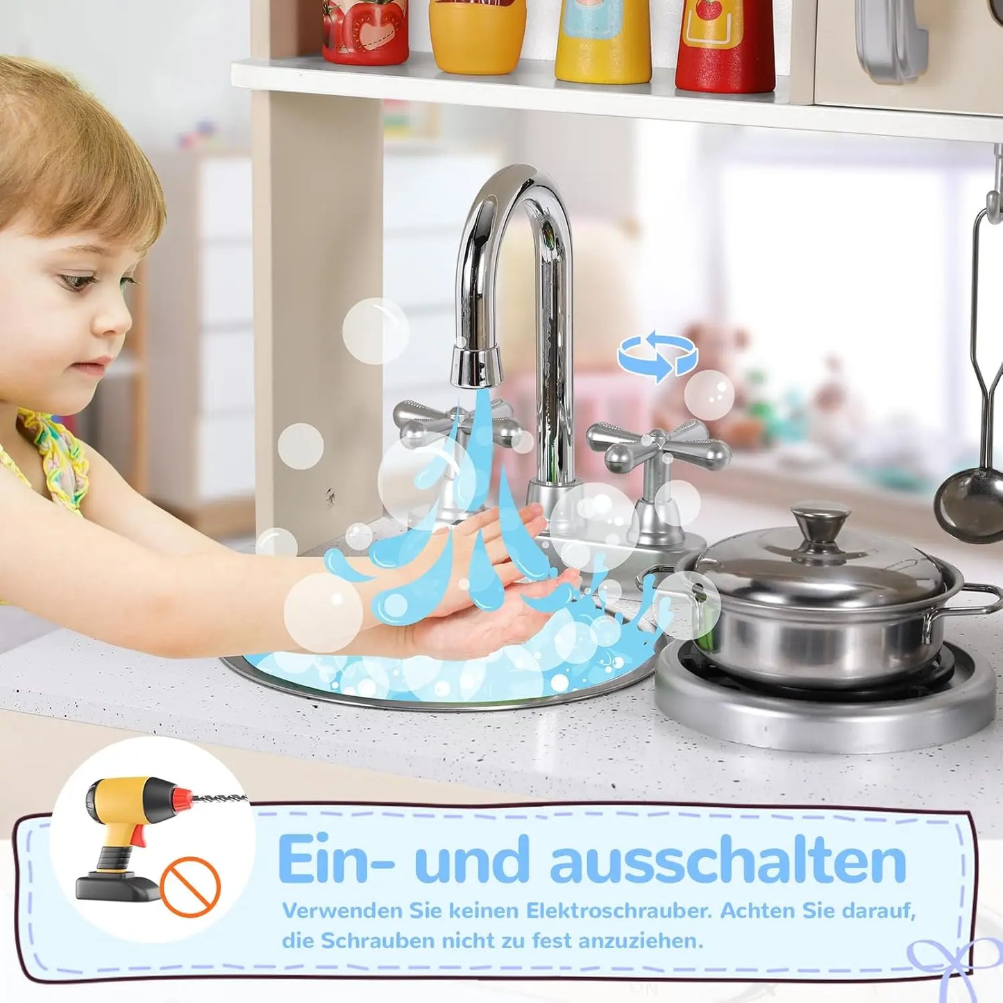 Wooden Kids Pretend Kitchen Playset With Cabinets Lights