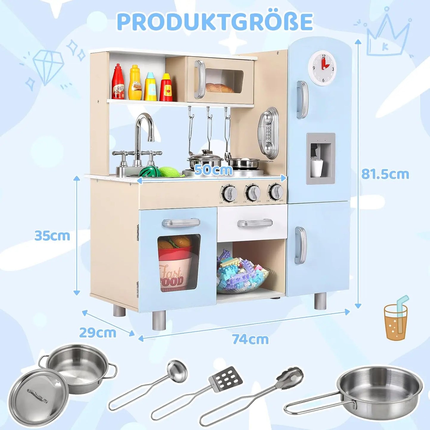 Wooden Kids Pretend Kitchen Playset With Cabinets Lights