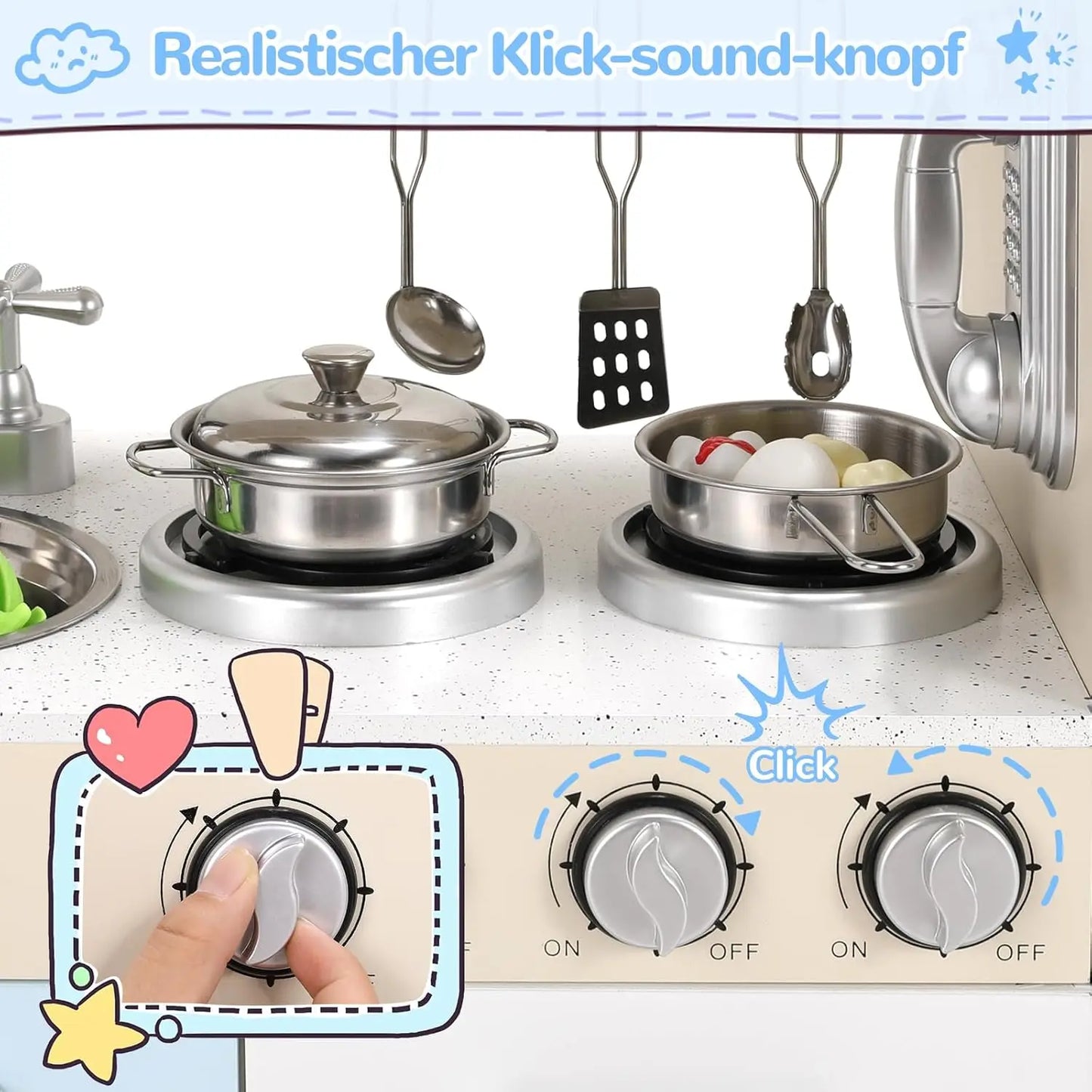 Wooden Kids Pretend Kitchen Playset With Cabinets Lights