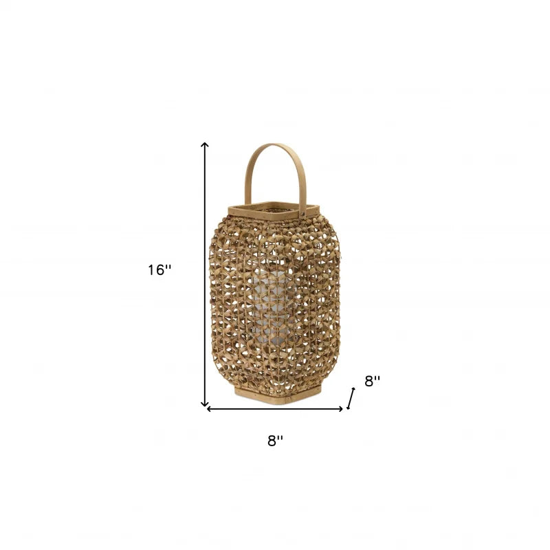 Natural Distressed Woven Glass And Wicker Floor Lantern Candle Holder