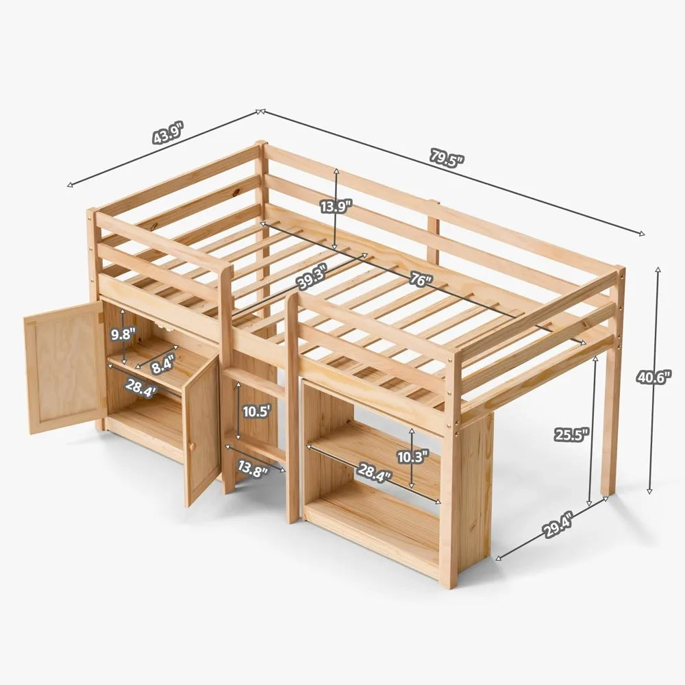 ZHUOTING Twin Loft Bed With LED Lights And Guardrail