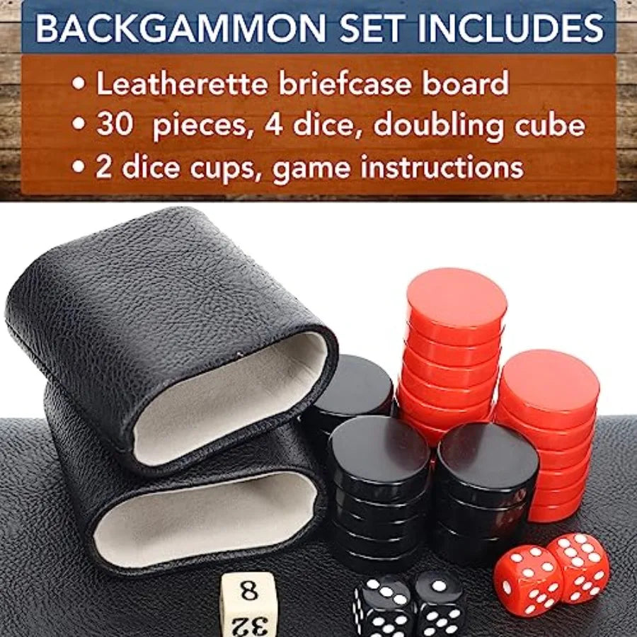 Backgammon Set with Elegant Black Leatherette Case 21 x 12.5 in. Closed; 25 x 21 in. Open Ideal for Family Game Nights Adult Bo