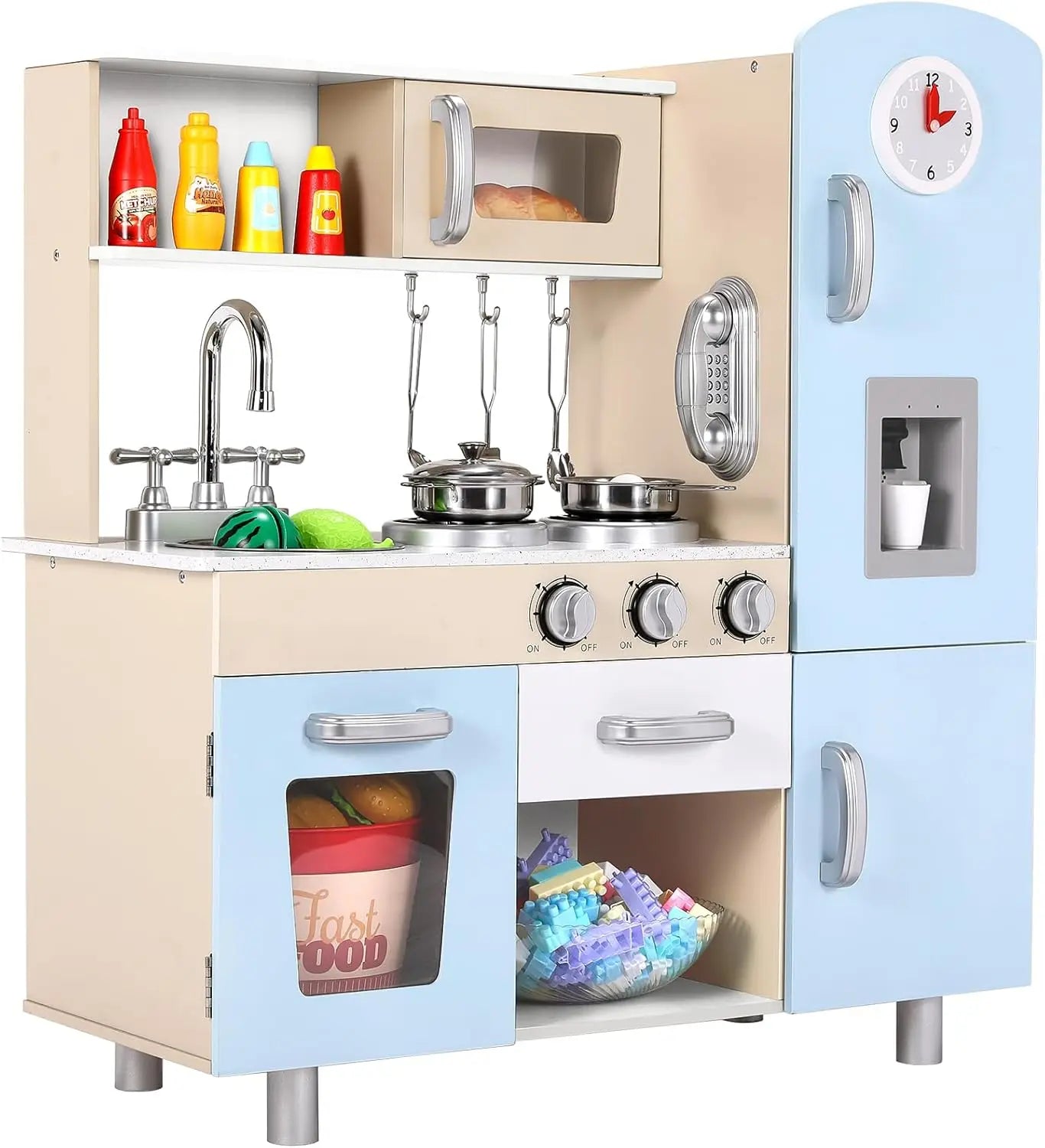 Wooden Kids Pretend Kitchen Playset With Cabinets Lights