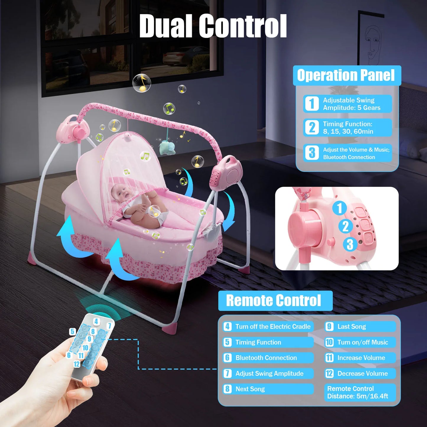 5 Gears Electric Cradle with 2 Plush Toys Foldable Infant Rocker 55.12lbs Load Baby Swing for 0-18 Months