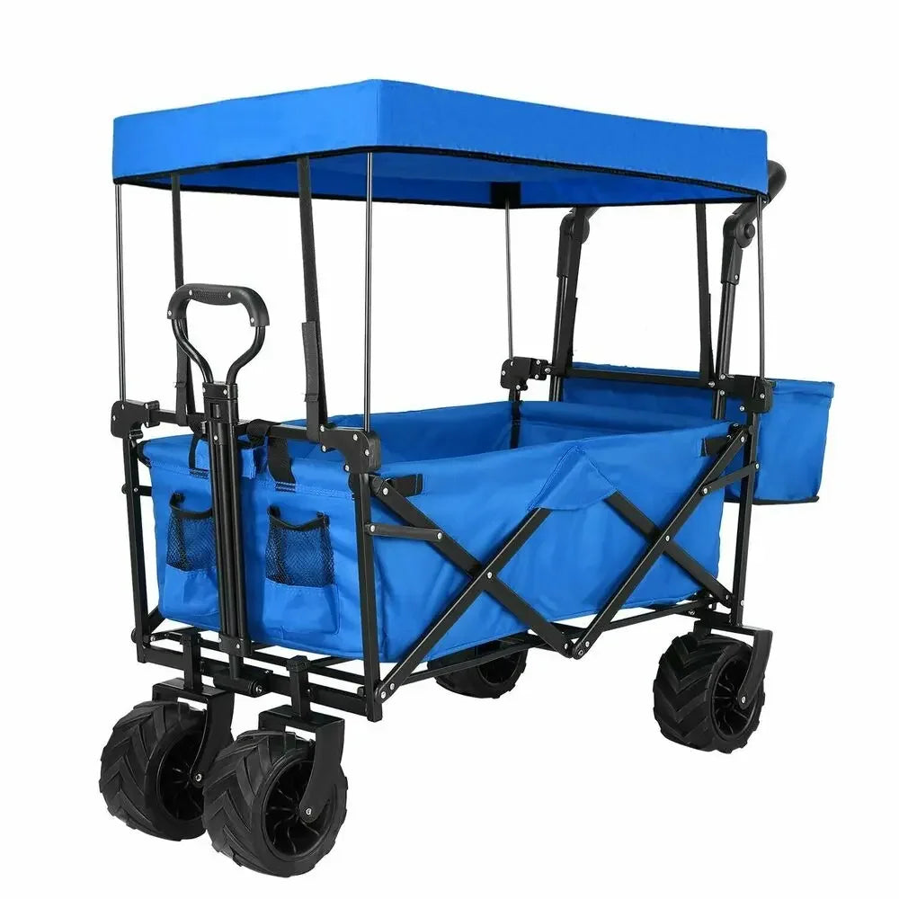 262L Collapsible Garden Cart Wagon with Removable Canopy, 115kg Capacity Push& Pull Utility Cart 600D Oxfort, Off-road wheel