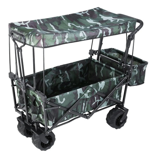 262L Collapsible Garden Cart Wagon with Removable Canopy, 115kg Capacity Push& Pull Utility Cart 600D Oxfort, Off-road wheel