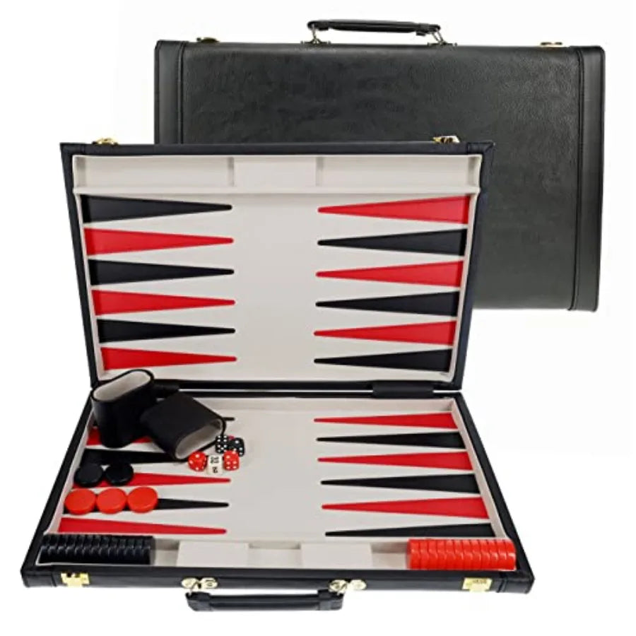 Backgammon Set with Elegant Black Leatherette Case 21 x 12.5 in. Closed; 25 x 21 in. Open Ideal for Family Game Nights Adult Bo