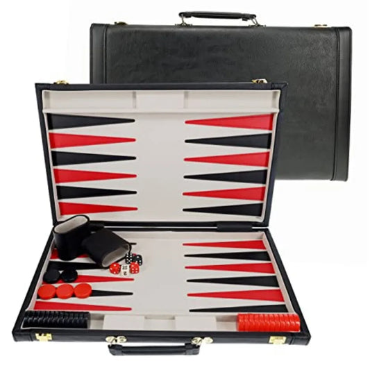 Backgammon Set with Elegant Black Leatherette Case 21 x 12.5 in. Closed; 25 x 21 in. Open Ideal for Family Game Nights Adult Bo