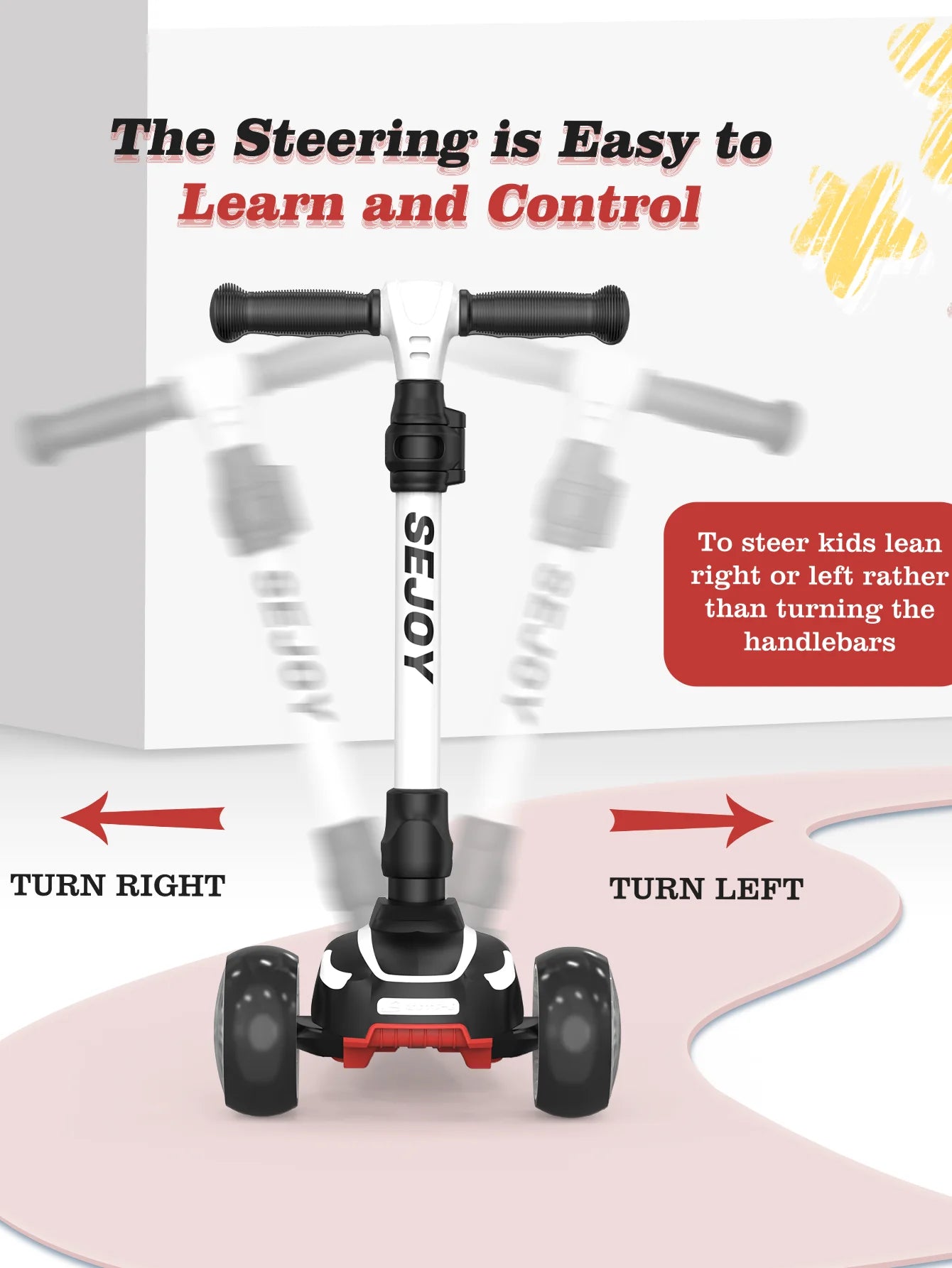Sejoy Three Wheel Kick Scooter With Led Lights Adjustable Height
