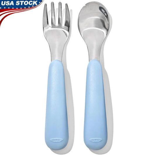Stainless Steel Fork and Spoon Set Non Slip Grip Easy Hold Kids Utensils Durable Dishwasher Safe Indoor Use 2 Pieces