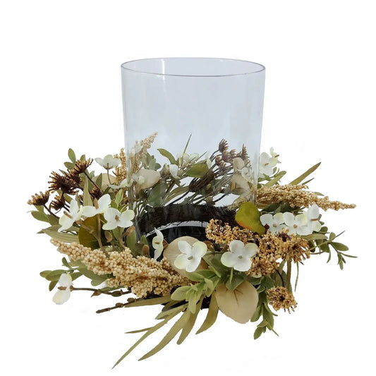 Hign-concerned Decorative Hurricane Pillar Candle Holder With Faux Florals