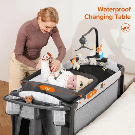 4-in-1 Wide Baby Bassinet with Diaper Changer, Bedside Crib with Mattress, Music & Blackout Cover, Adjustable Height