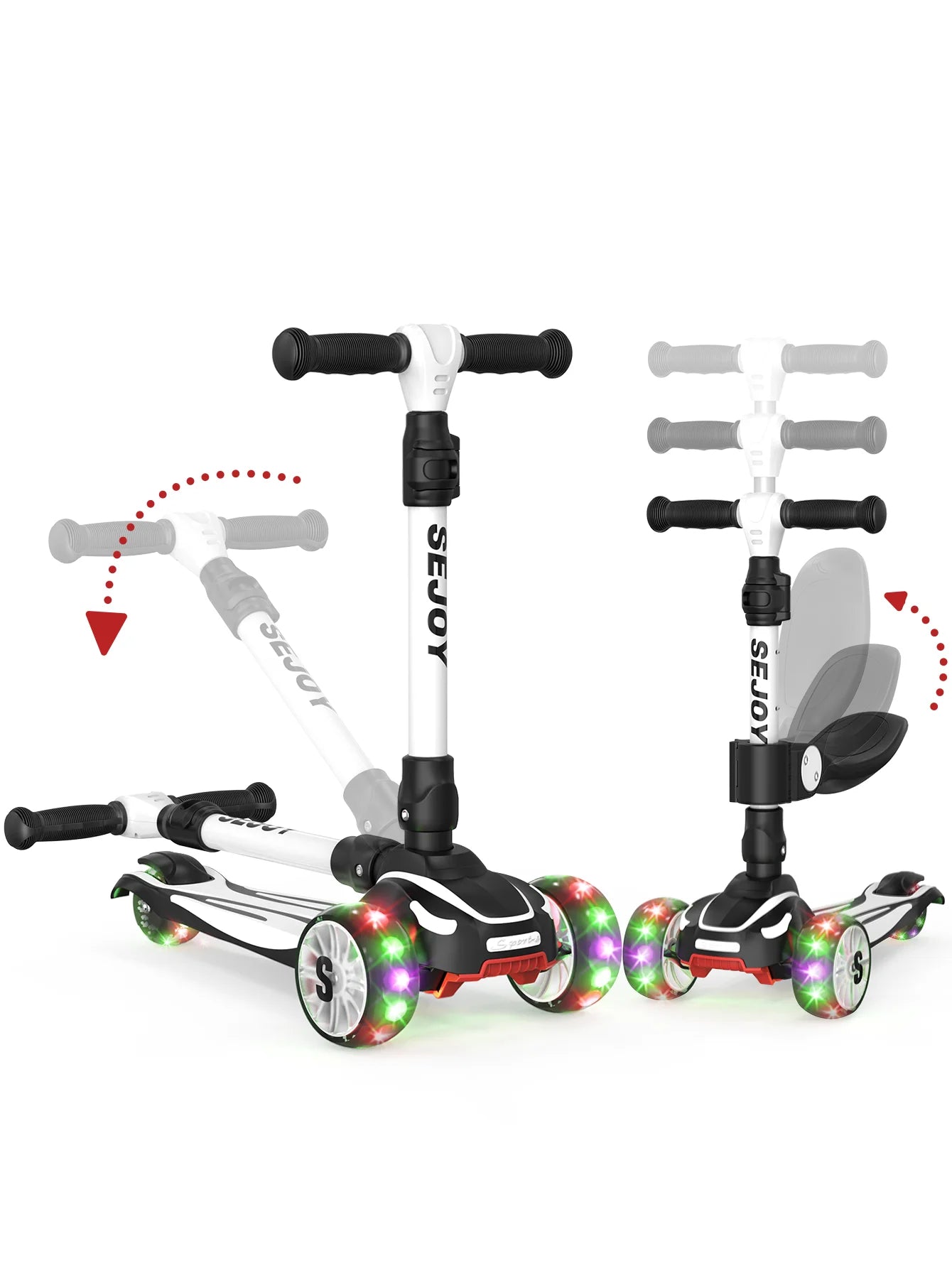 Sejoy Three Wheel Kick Scooter With Led Lights Adjustable Height