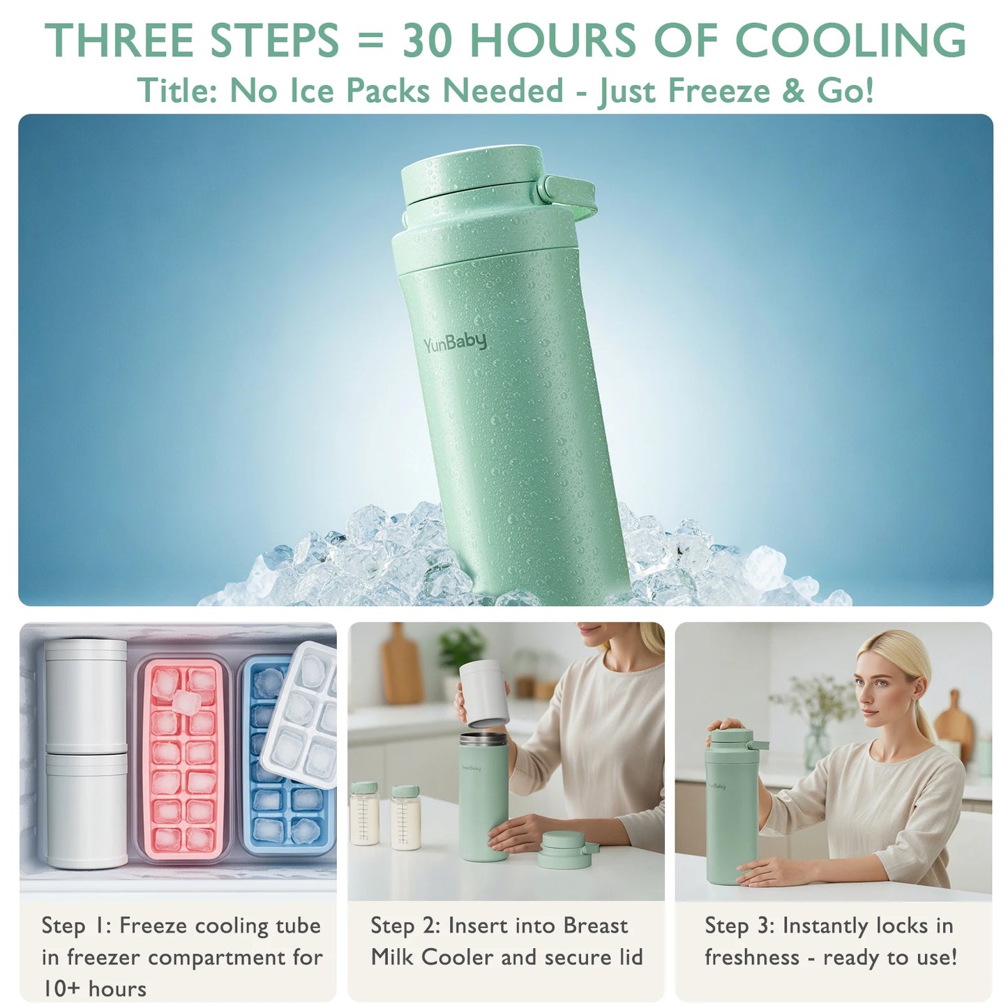 YunBaby All-Day Breast Milk Chiller - Complete Set with 2 Bottles & Ice Pack (22oz)