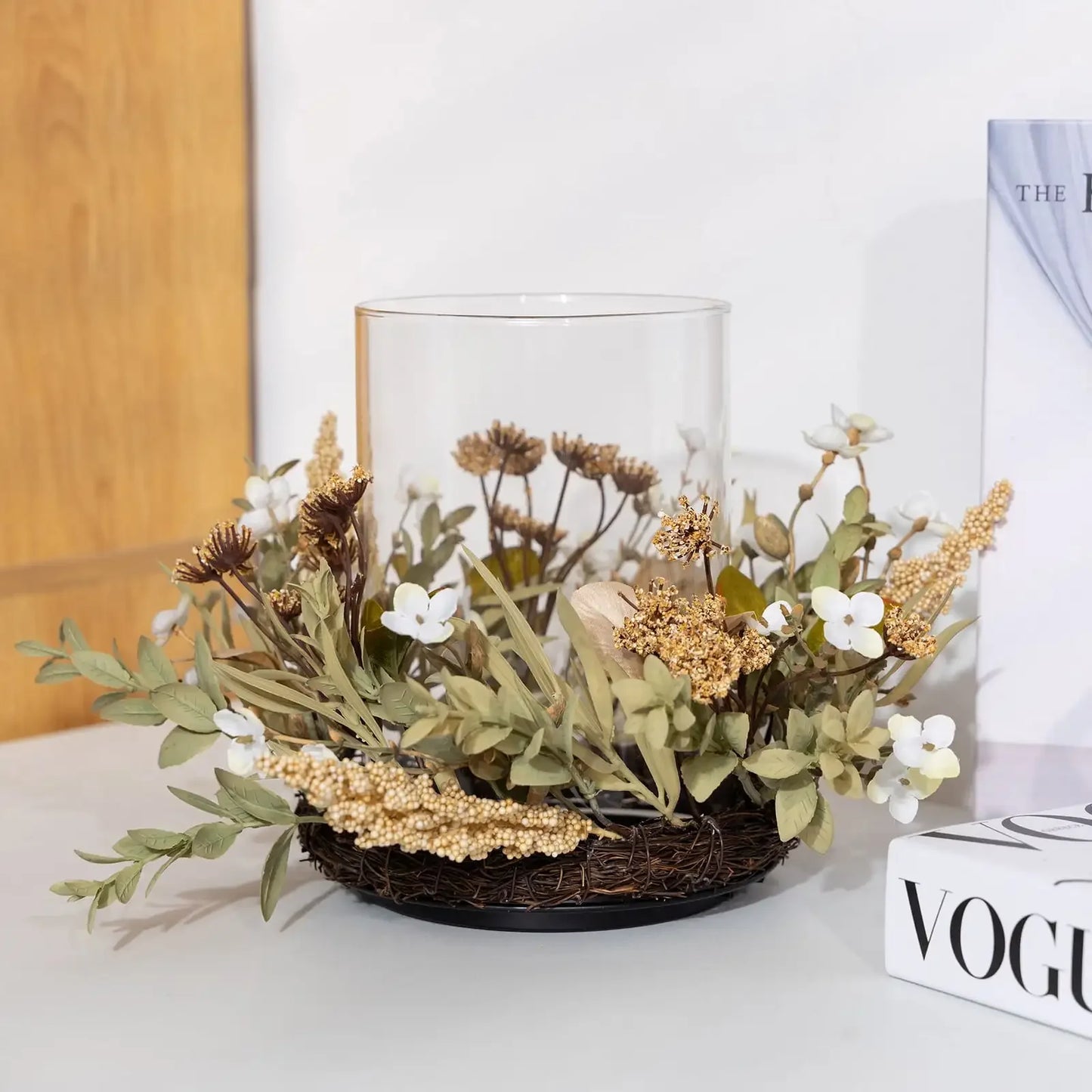 Hign-concerned Decorative Hurricane Pillar Candle Holder With Faux Florals