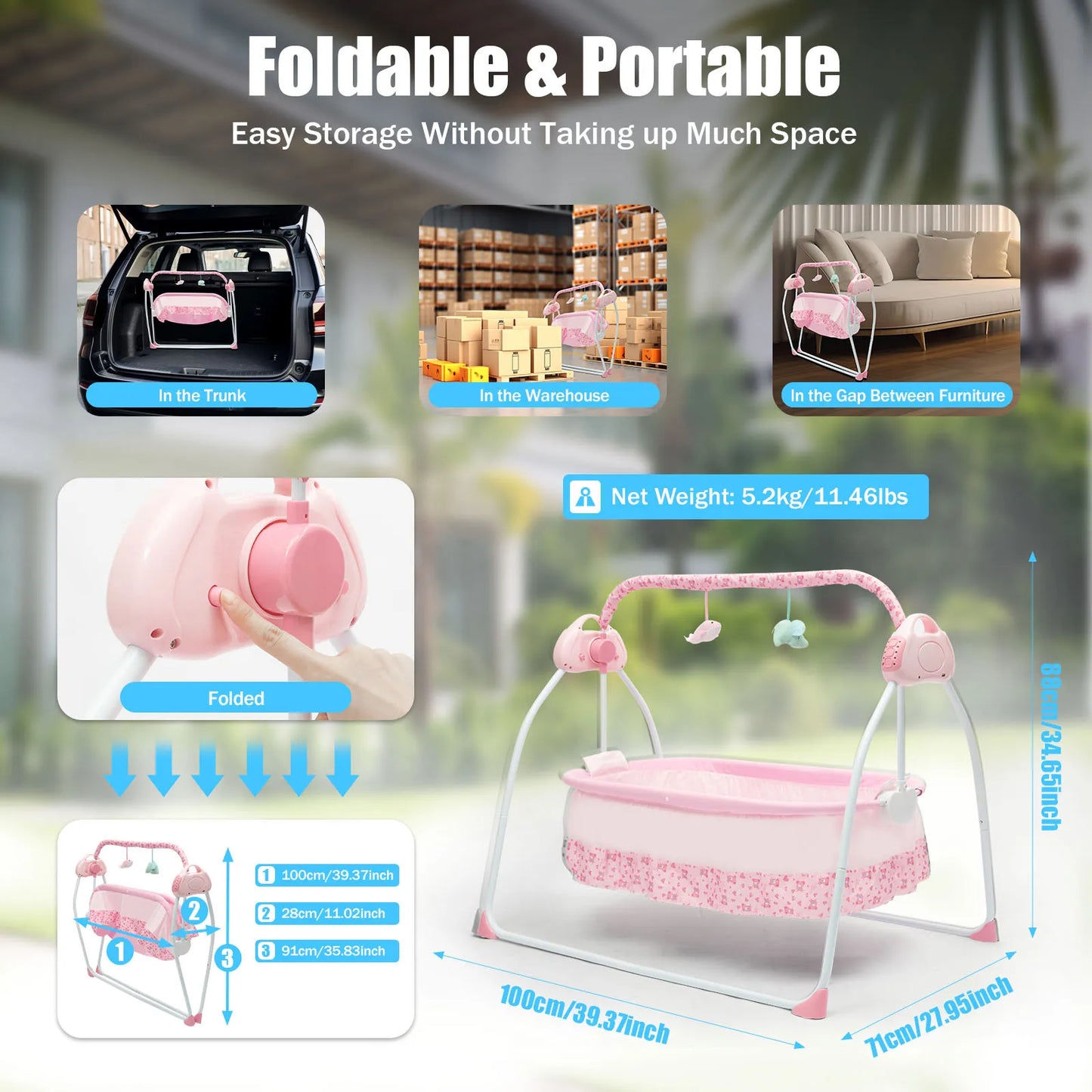 5 Gears Electric Cradle with 2 Plush Toys Foldable Infant Rocker 55.12lbs Load Baby Swing for 0-18 Months