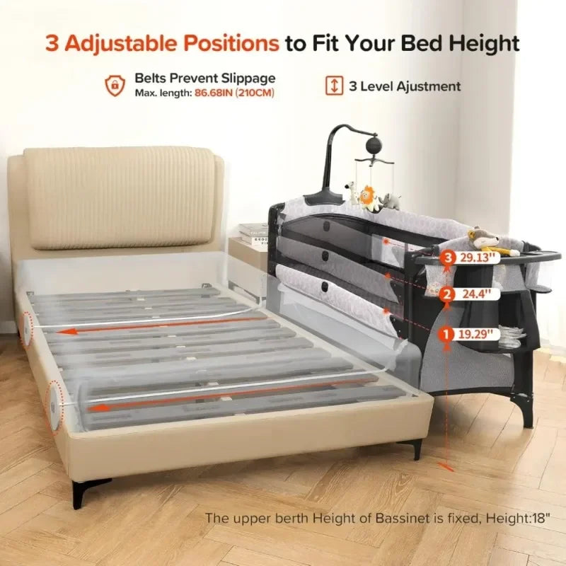 4-in-1 Wide Baby Bassinet with Diaper Changer, Bedside Crib with Mattress, Music & Blackout Cover, Adjustable Height