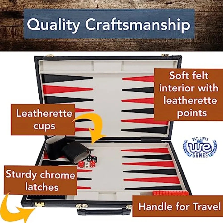Backgammon Set with Elegant Black Leatherette Case 21 x 12.5 in. Closed; 25 x 21 in. Open Ideal for Family Game Nights Adult Bo
