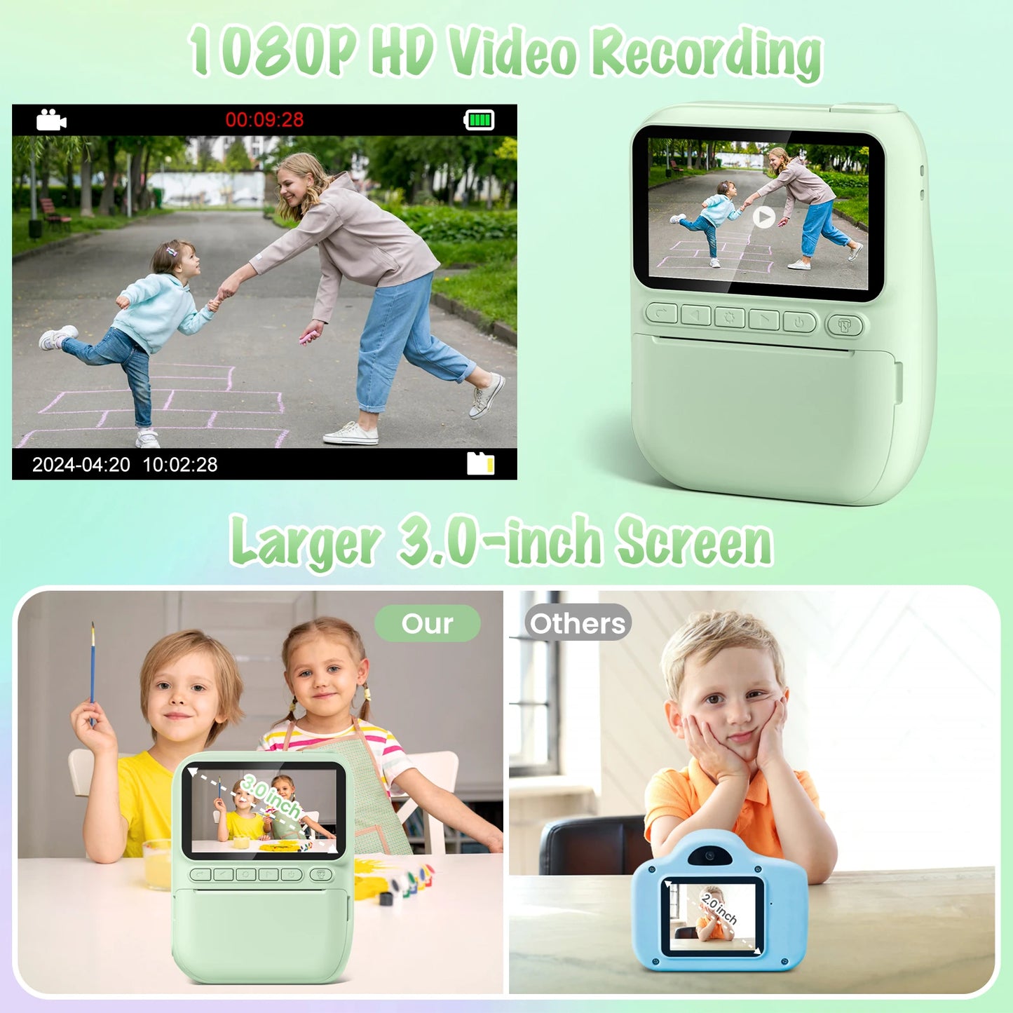Gofunly Kids Instant Print Camera 3.0" Mini Digital Camera 1080P Portable Video Recorder Gift For 6-12 Years Children