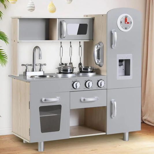 Wooden Kids Pretend Kitchen Playset With Cabinets Lights