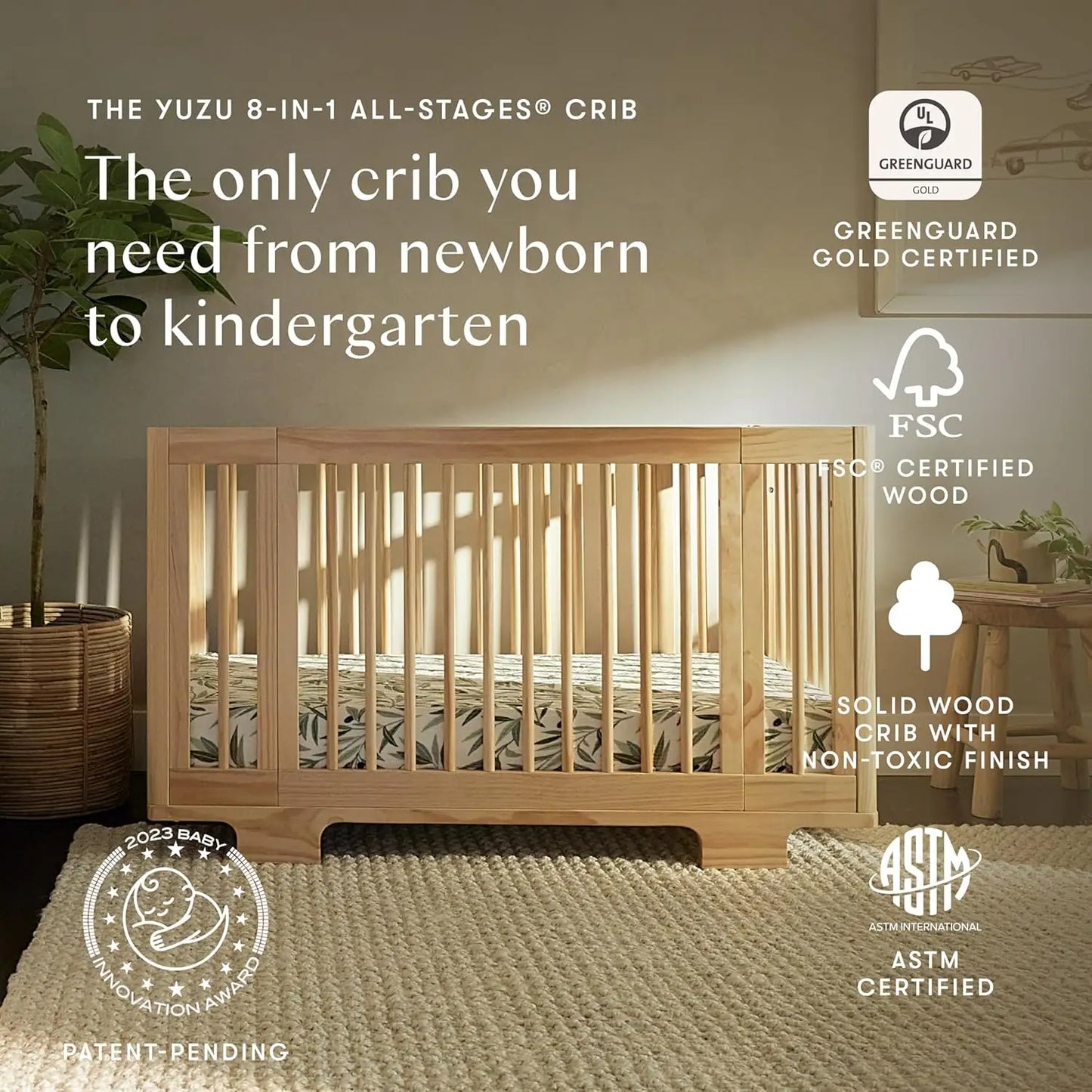 Yuzu 8-In-1 Convertible Baby Crib Bassinet To Toddler Bed