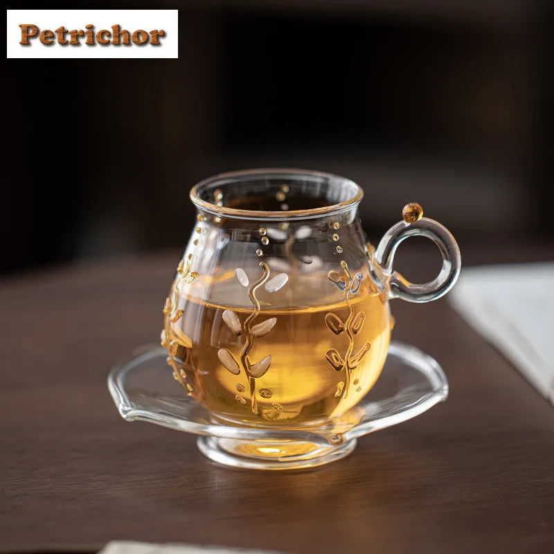 Wisteria Flower Glass Coffee Mug With Plate Teaware Set