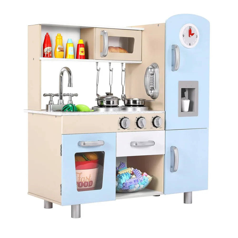Wooden Kids Pretend Kitchen Playset With Cabinets Lights
