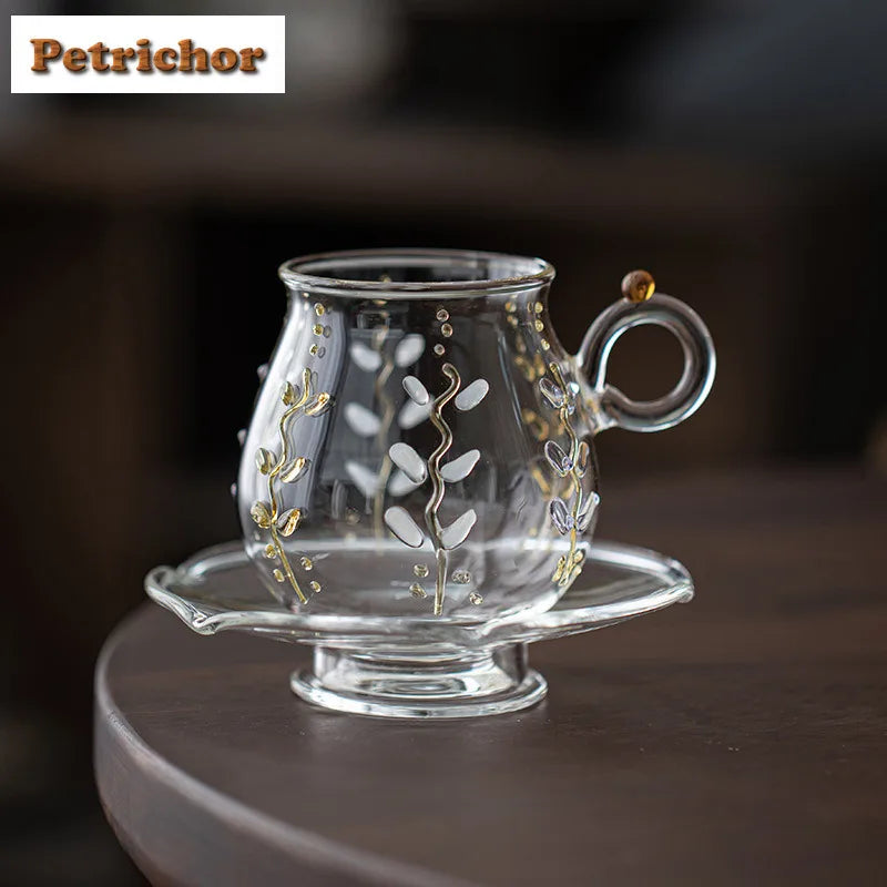 Wisteria Flower Glass Coffee Mug With Plate Teaware Set