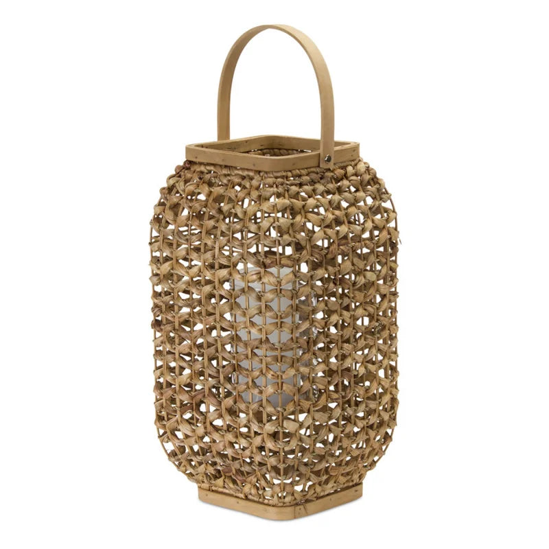 Natural Distressed Woven Glass And Wicker Floor Lantern Candle Holder