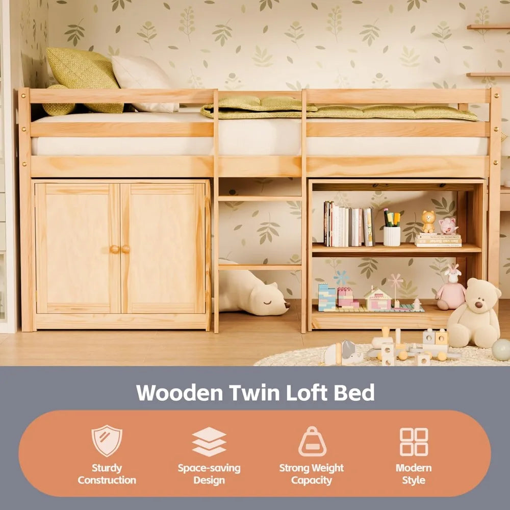 ZHUOTING Twin Loft Bed With LED Lights And Guardrail