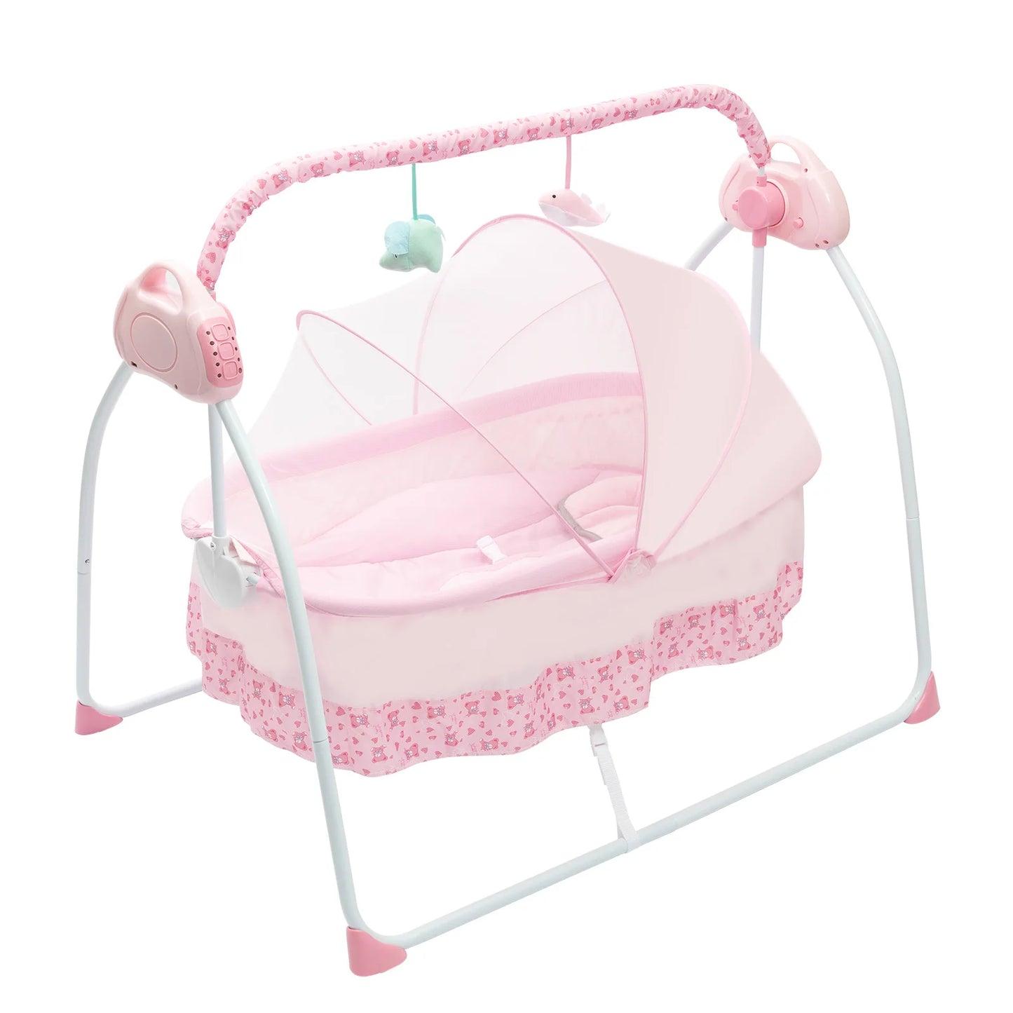 5 Gears Electric Cradle with 2 Plush Toys Foldable Infant Rocker 55.12lbs Load Baby Swing for 0-18 Months