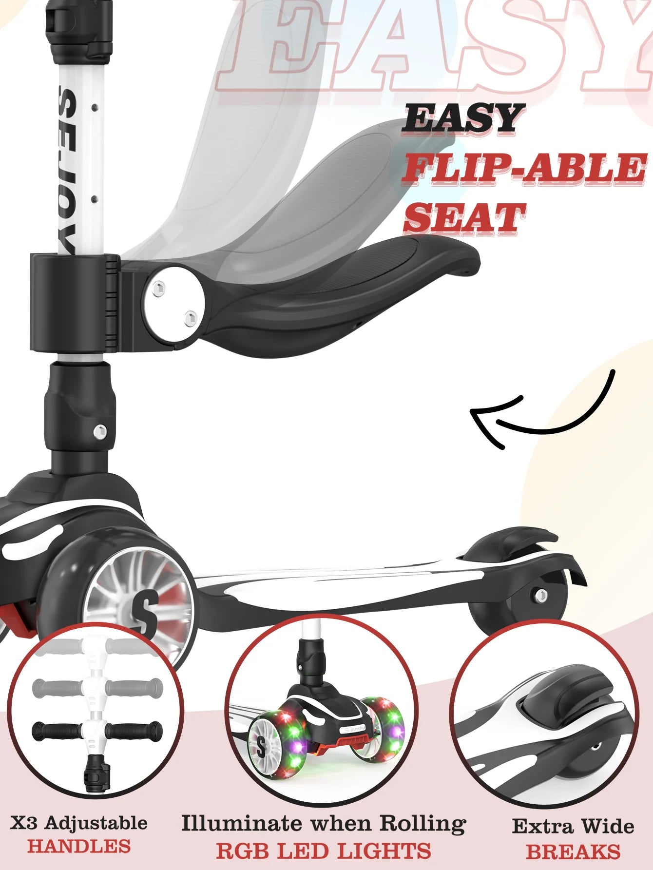 Sejoy Three Wheel Kick Scooter With Led Lights Adjustable Height