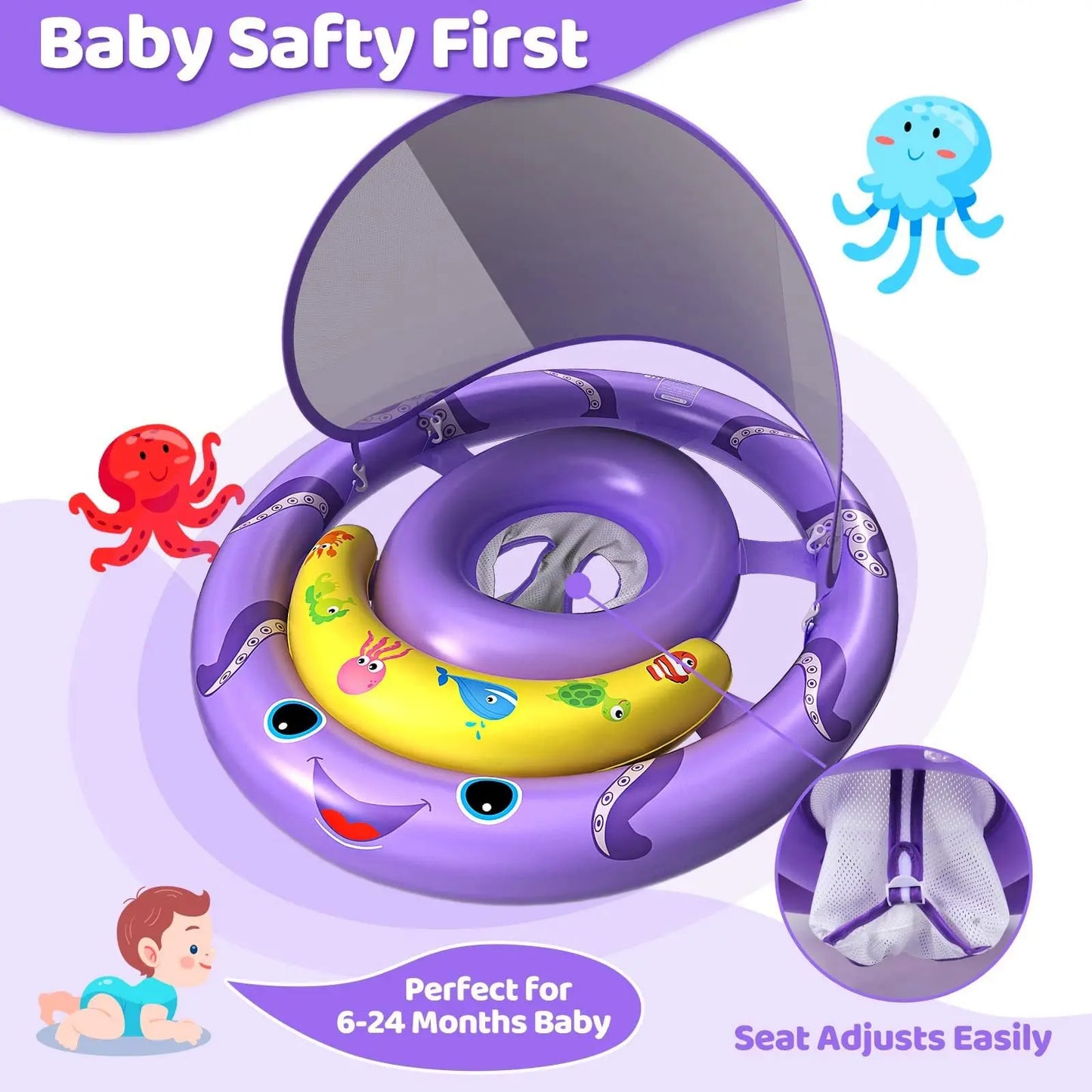 Baby Pool Float with Removable UPF50+ Sun Protection Canopy, Baby Swim Floats for 6-24 Months Infant Toddler, Extra Wide Dual Ai