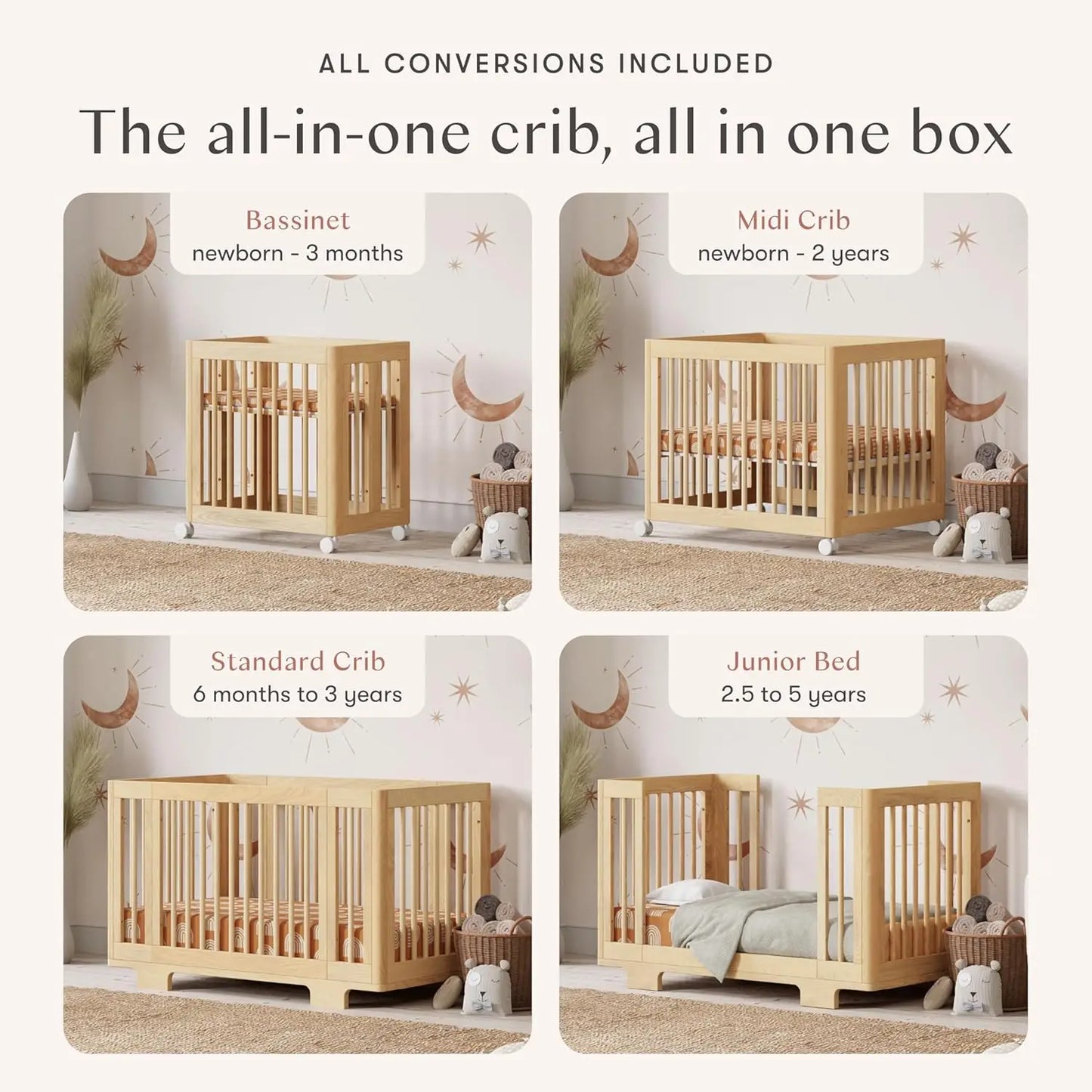 Yuzu 8-In-1 Convertible Baby Crib Bassinet To Toddler Bed