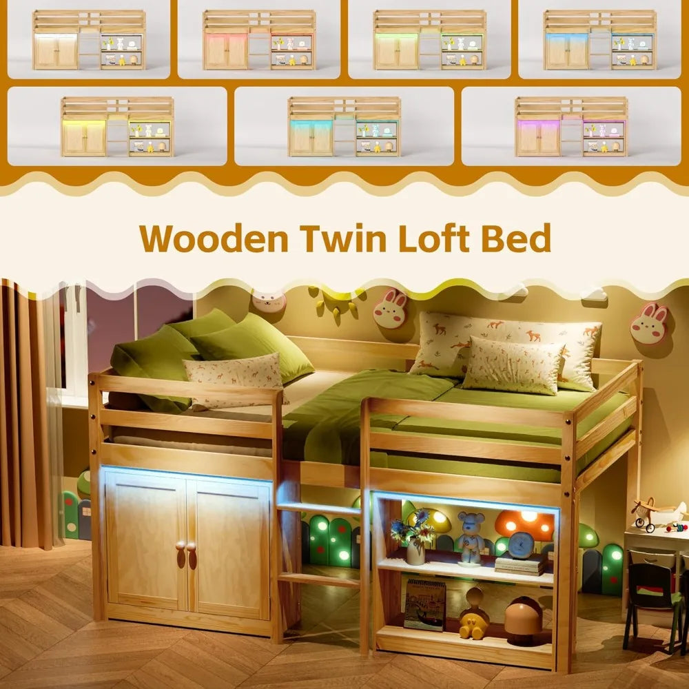 ZHUOTING Twin Loft Bed With LED Lights And Guardrail