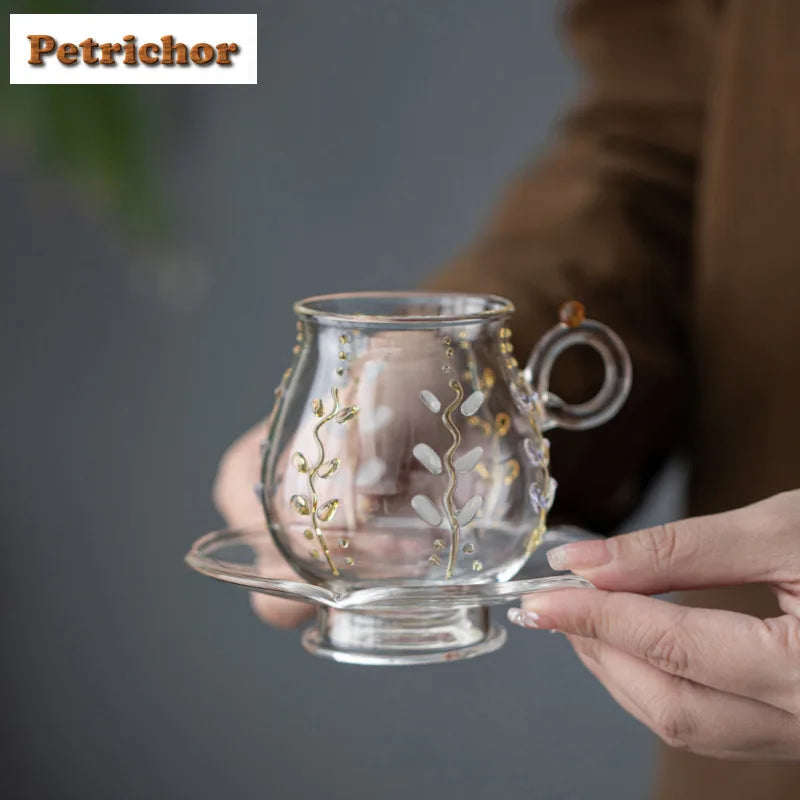 Wisteria Flower Glass Coffee Mug With Plate Teaware Set