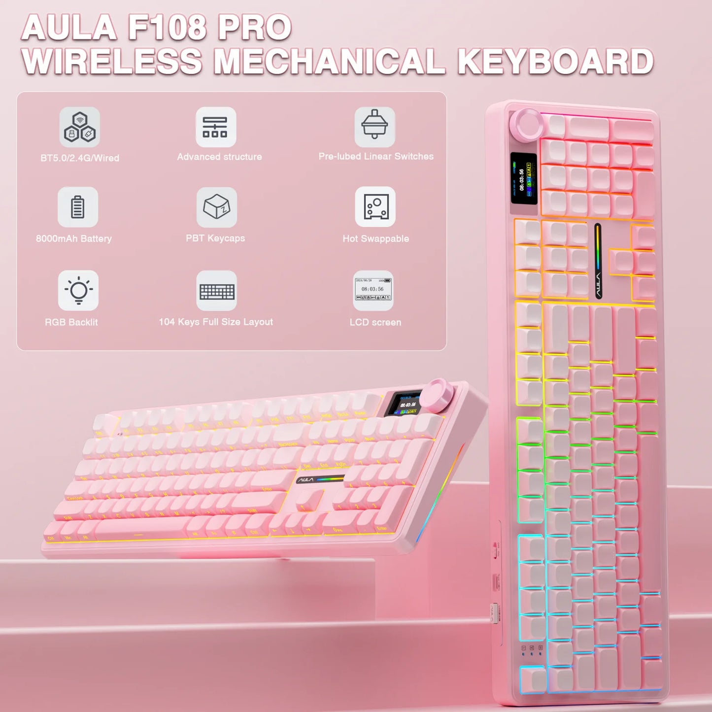 AULA F108 Pro Wireless Gaming Keyboard With TFT Display