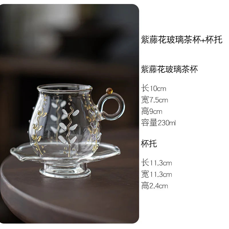 Wisteria Flower Glass Coffee Mug With Plate Teaware Set