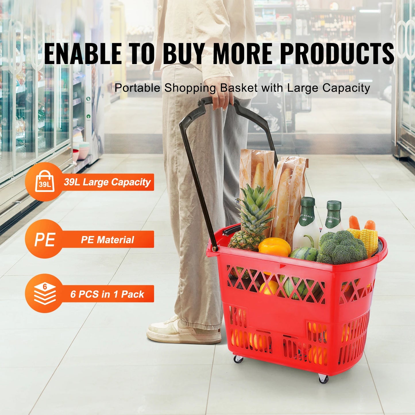 SucceBuy Six Piece Rolling Shopping Baskets With Handles And Wheels