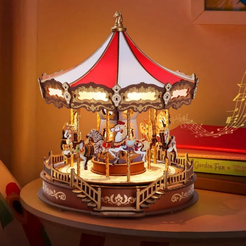 Robotime Carousel 3D Wooden Puzzle Music Box LED Lights