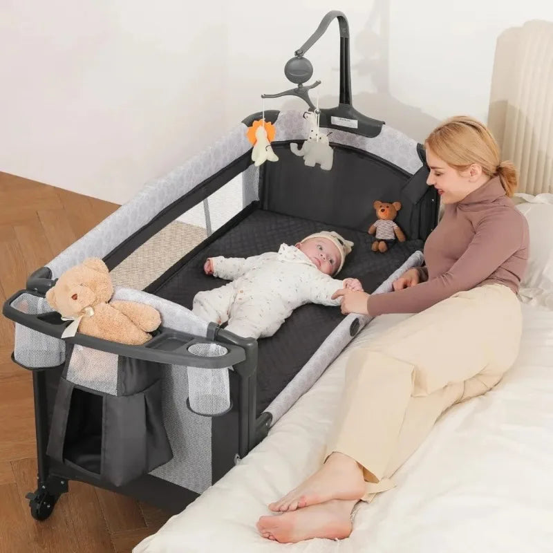 4-in-1 Wide Baby Bassinet with Diaper Changer, Bedside Crib with Mattress, Music & Blackout Cover, Adjustable Height