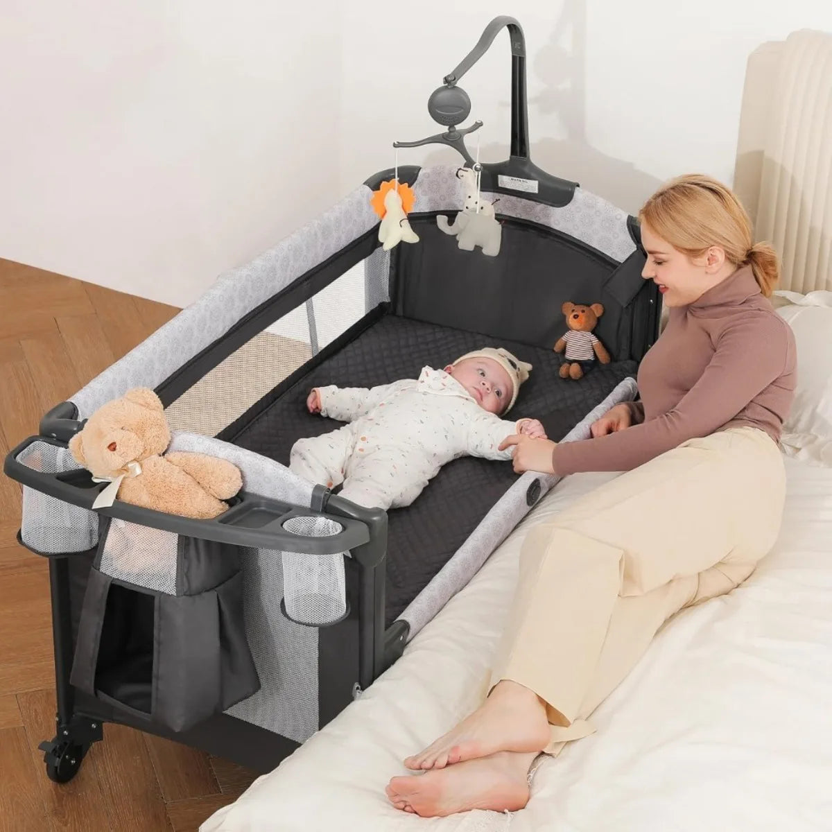 4-in-1 Wide Baby Bassinet with Diaper Changer, Bedside Crib with Mattress, Music & Blackout Cover, Adjustable Height