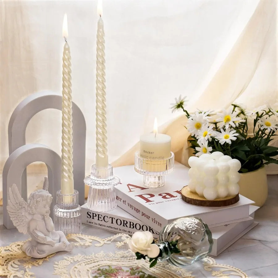 High-Concerned Chemical Ribbed Glass Taper Candle Holders Set