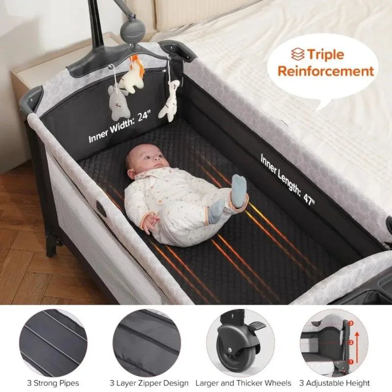 4-in-1 Wide Baby Bassinet with Diaper Changer, Bedside Crib with Mattress, Music & Blackout Cover, Adjustable Height